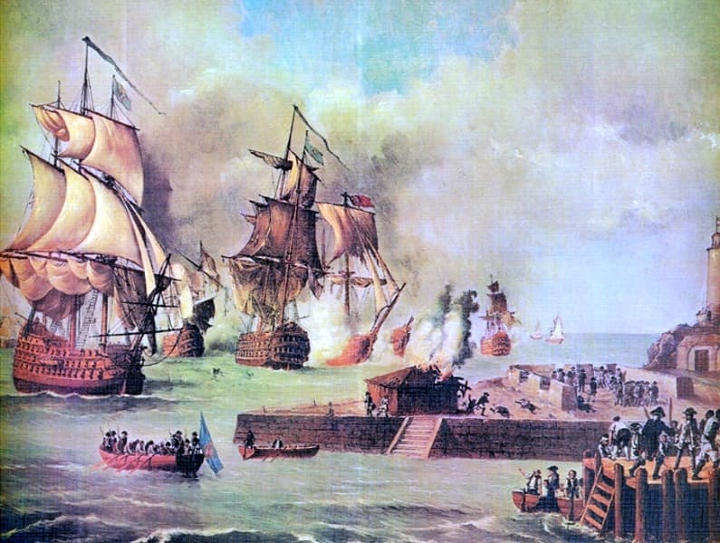 Photo: Luis Fernández Gordillo, Public domain, via Wikimedia Commons (https://commons.wikimedia.org/wiki/File:Defensa_de_Cartagena_de_Indias_por_la_escuadra_de_D._Blas_de_Lezo,_a%C3%B1o_1741.jpg)
